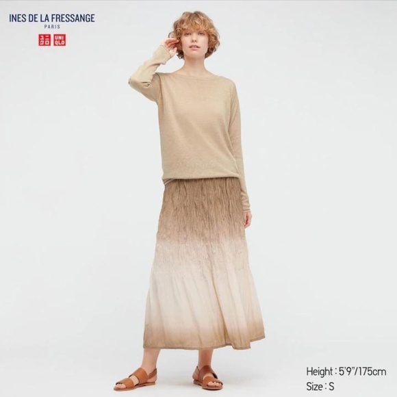 Ines de la Fressange Uniqlo boho cream ombre twist pleated long skirt NWT - Picture 1 of 11
